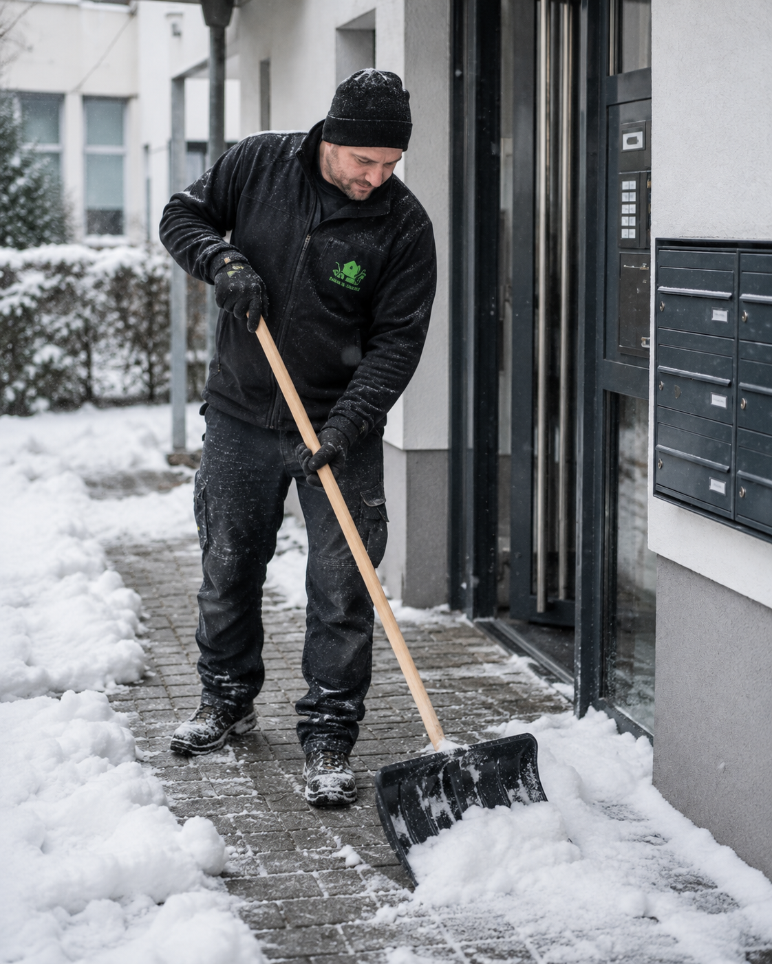 Mitarbeiter beim Schneeräumen vor einem deutschen Wohnobjekt